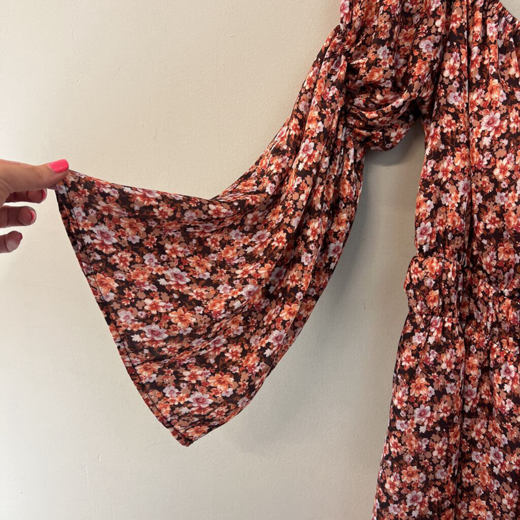 love@fs Brown/ Orange Flower Print Long Sleeve Dress Medium