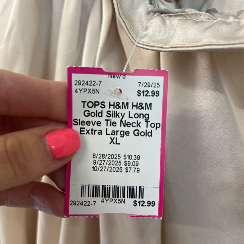 H&M Gold Silky Long Sleeve Tie Neck Top Extra Large