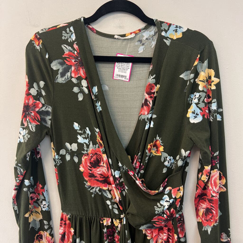 Reborn J Green/ Multi Flower Print Long Sleeve Maxi Dress Extra Large