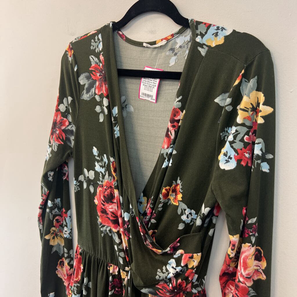 Reborn J Green/ Multi Flower Print Long Sleeve Maxi Dress Extra Large