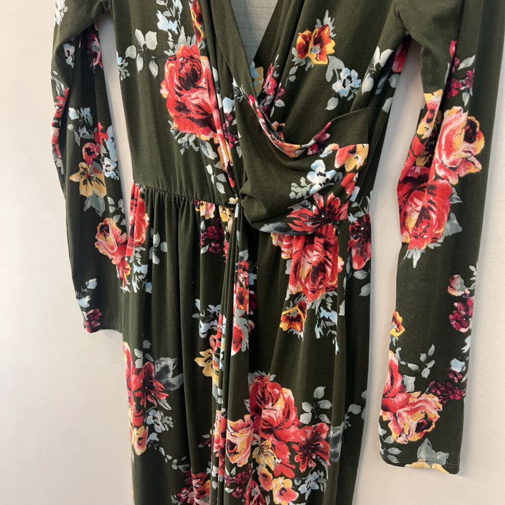 Reborn J Green/ Multi Flower Print Long Sleeve Maxi Dress Extra Large