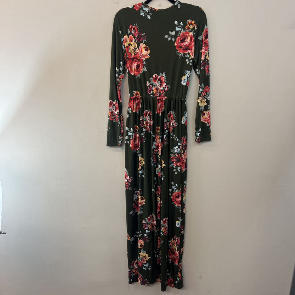 Reborn J Green/ Multi Flower Print Long Sleeve Maxi Dress Extra Large