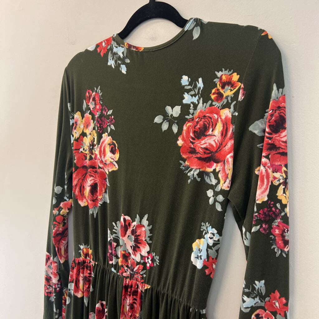 Reborn J Green/ Multi Flower Print Long Sleeve Maxi Dress Extra Large