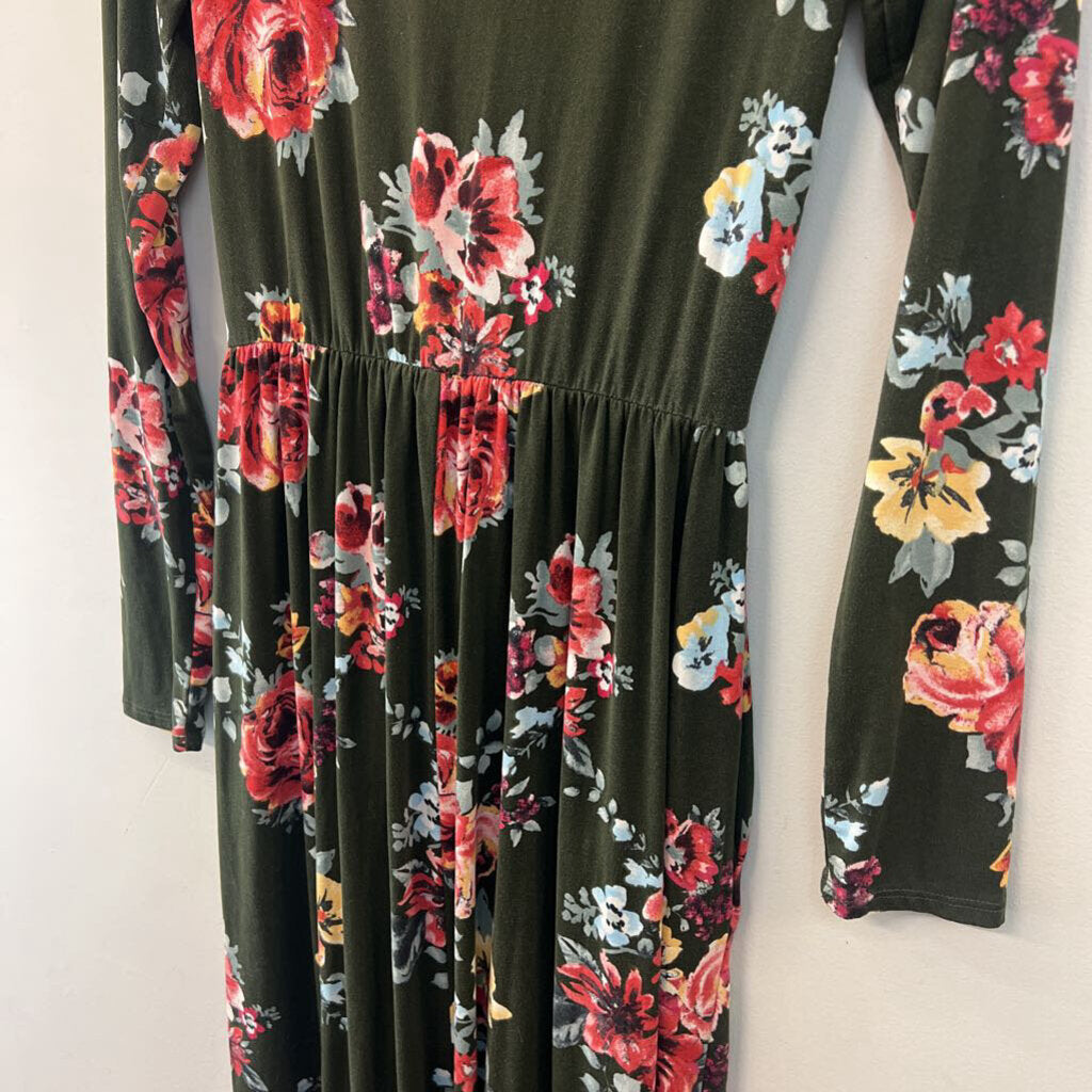 Reborn J Green/ Multi Flower Print Long Sleeve Maxi Dress Extra Large