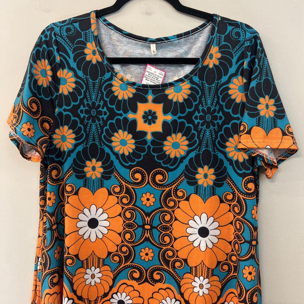 Blue/ Orange Flower Print Short Sleeve Dress Large
