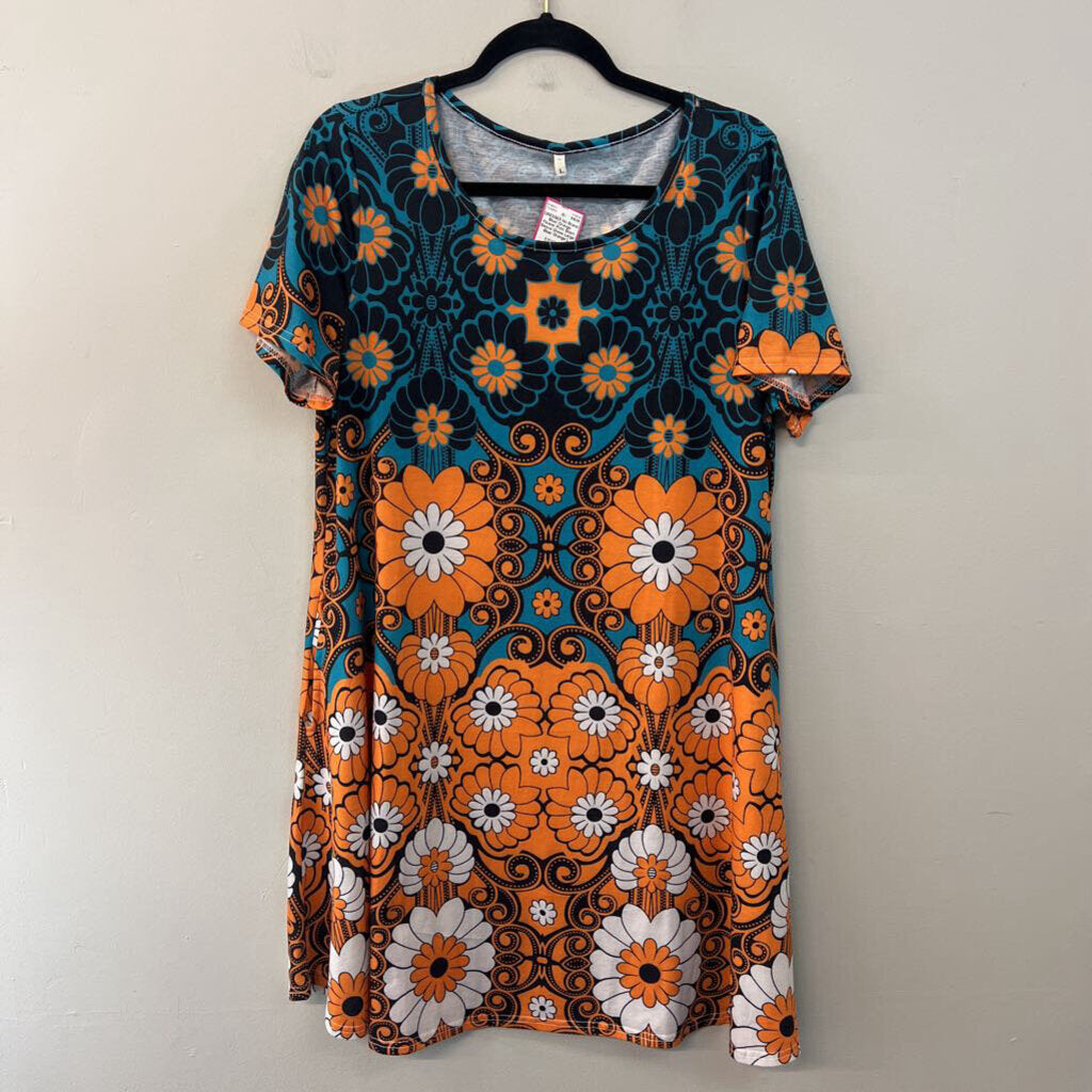 Blue/ Orange Flower Print Short Sleeve Dress Large
