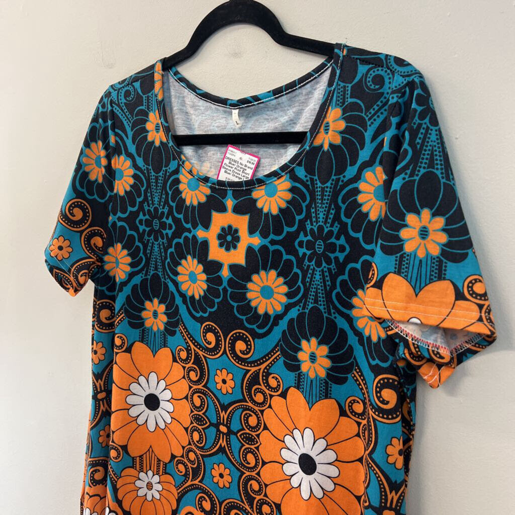 Blue/ Orange Flower Print Short Sleeve Dress Large