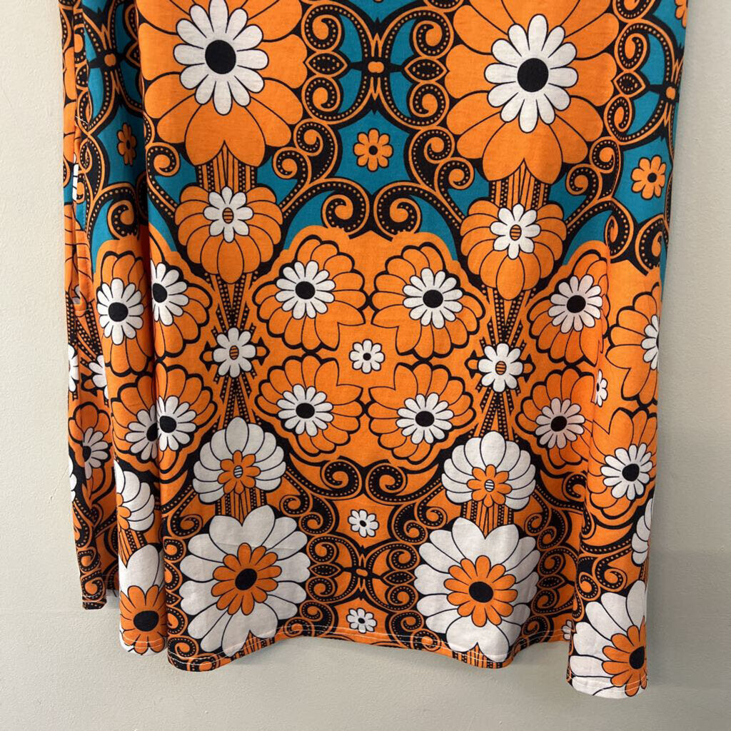 Blue/ Orange Flower Print Short Sleeve Dress Large