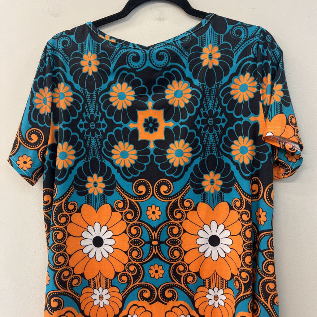 Blue/ Orange Flower Print Short Sleeve Dress Large