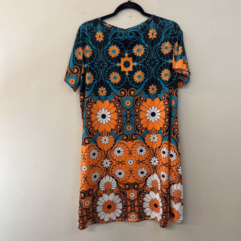 Blue/ Orange Flower Print Short Sleeve Dress Large