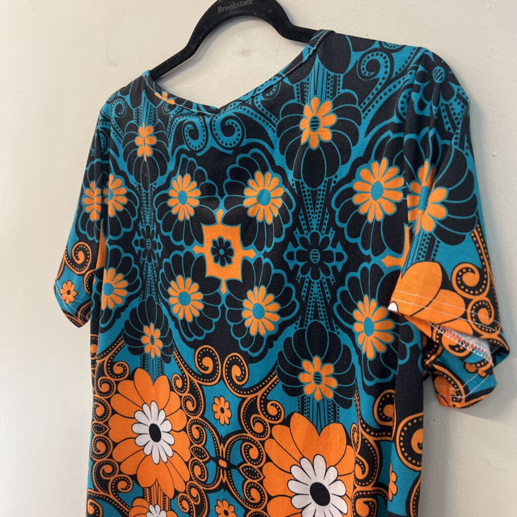 Blue/ Orange Flower Print Short Sleeve Dress Large