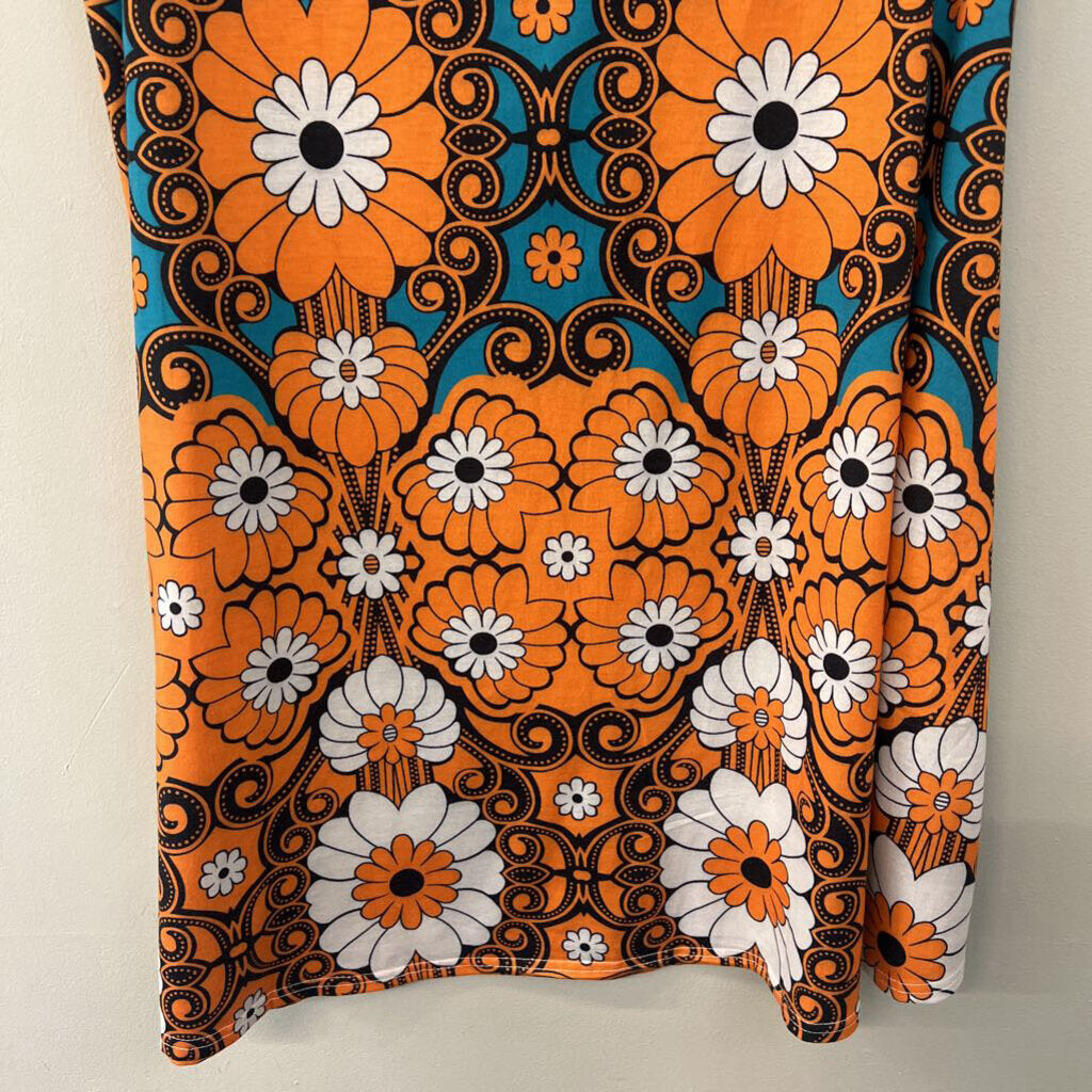 Blue/ Orange Flower Print Short Sleeve Dress Large
