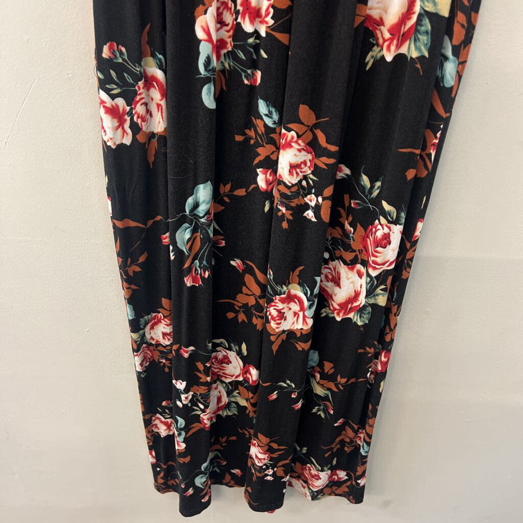 Black/ Multi Short Sleeve Flower Print Maxi Dress Medium
