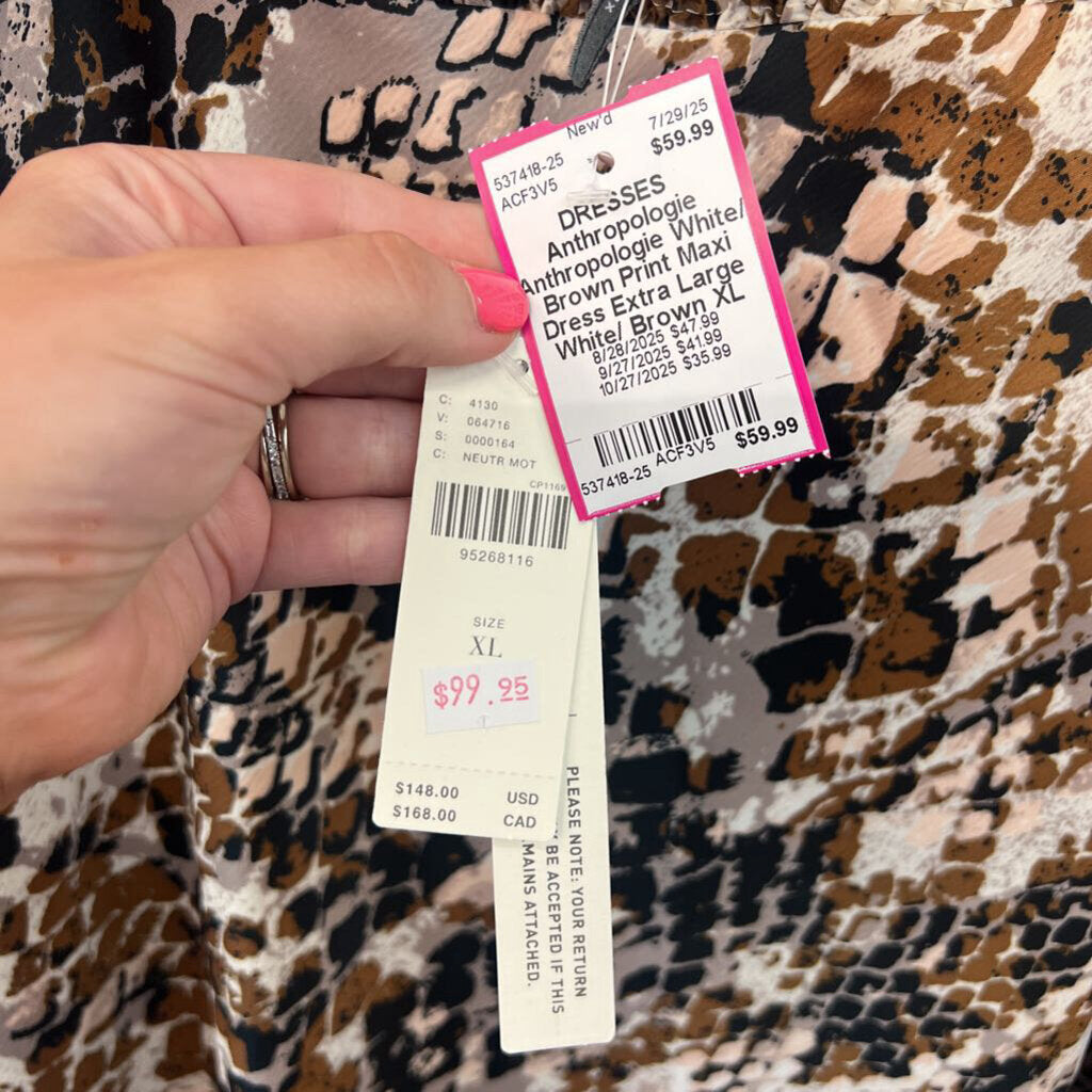 Anthropologie White/ Brown Print Maxi Dress Extra Large