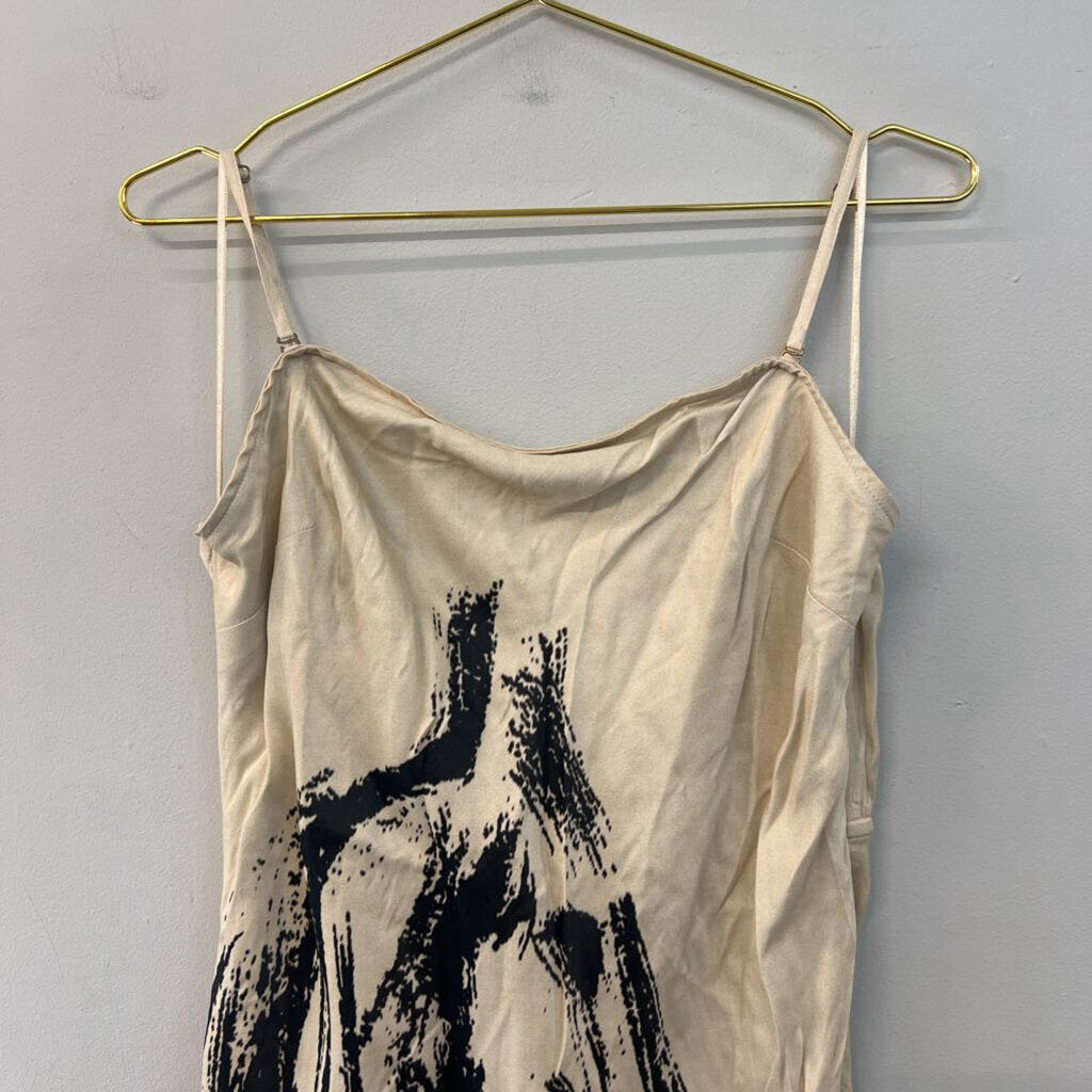 Conditions Apply Cream/ Black Print Silky Maxi Dress Extra Large