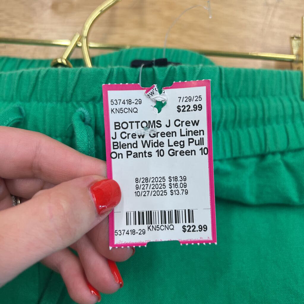 J Crew Green Linen Blend Wide Leg Pull On Pants 10