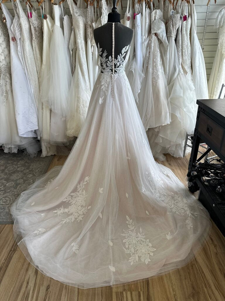 Ivory/Blush Soft Tulle Gown with Appliques and Buttons 14
