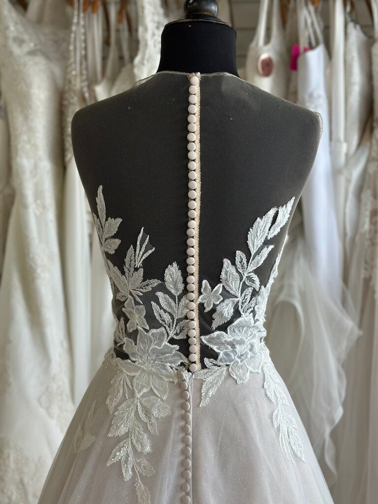Ivory/Blush Soft Tulle Gown with Appliques and Buttons 14