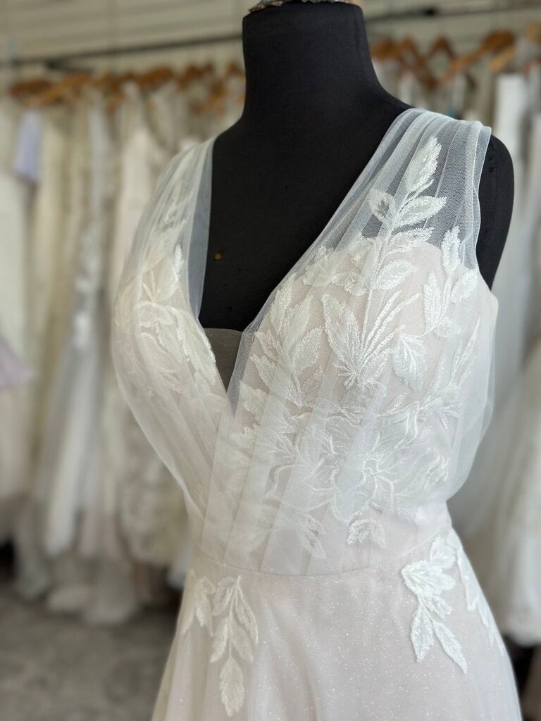 Ivory/Blush Soft Tulle Gown with Appliques and Buttons 14