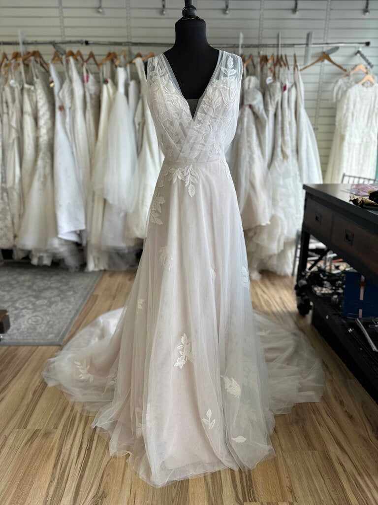 Ivory/Blush Soft Tulle Gown with Appliques and Buttons 14