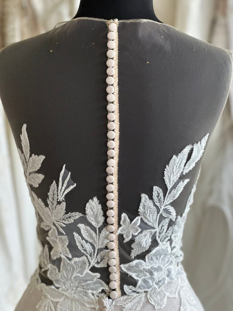 Ivory/Blush Soft Tulle Gown with Appliques and Buttons 14