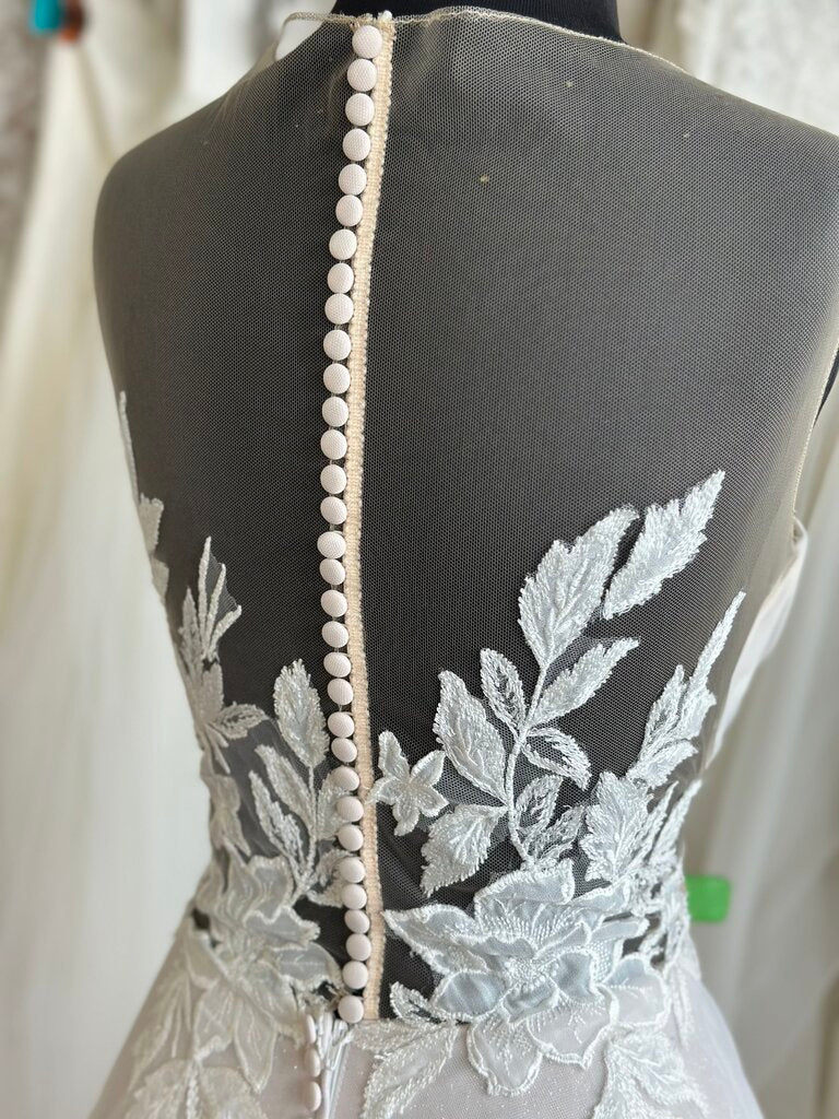 Ivory/Blush Soft Tulle Gown with Appliques and Buttons 14