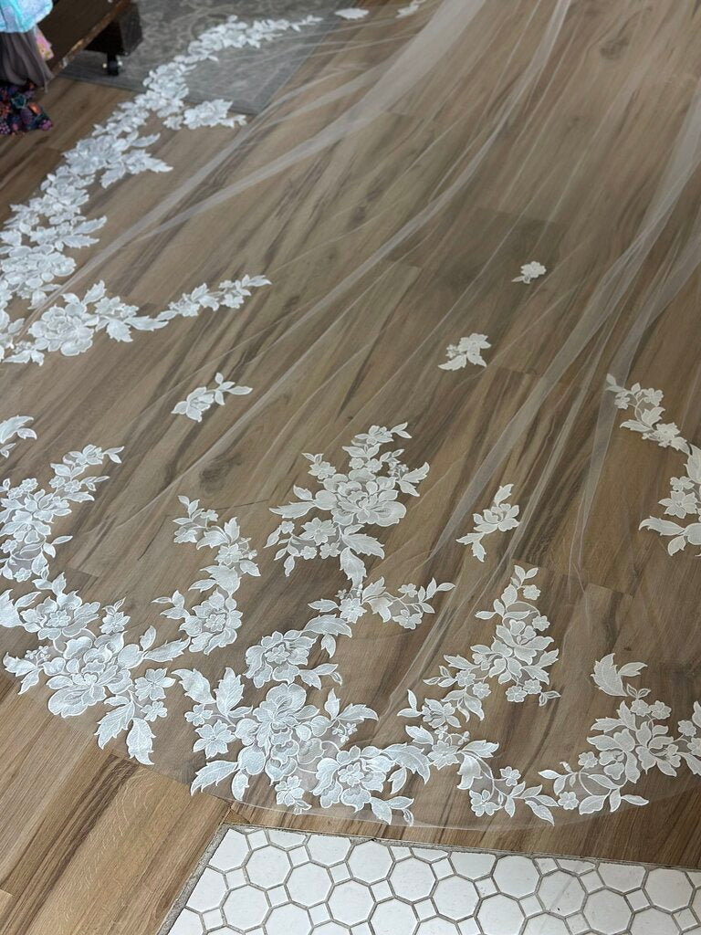 Ivory Cathedral Length Veil with Floral Appliques