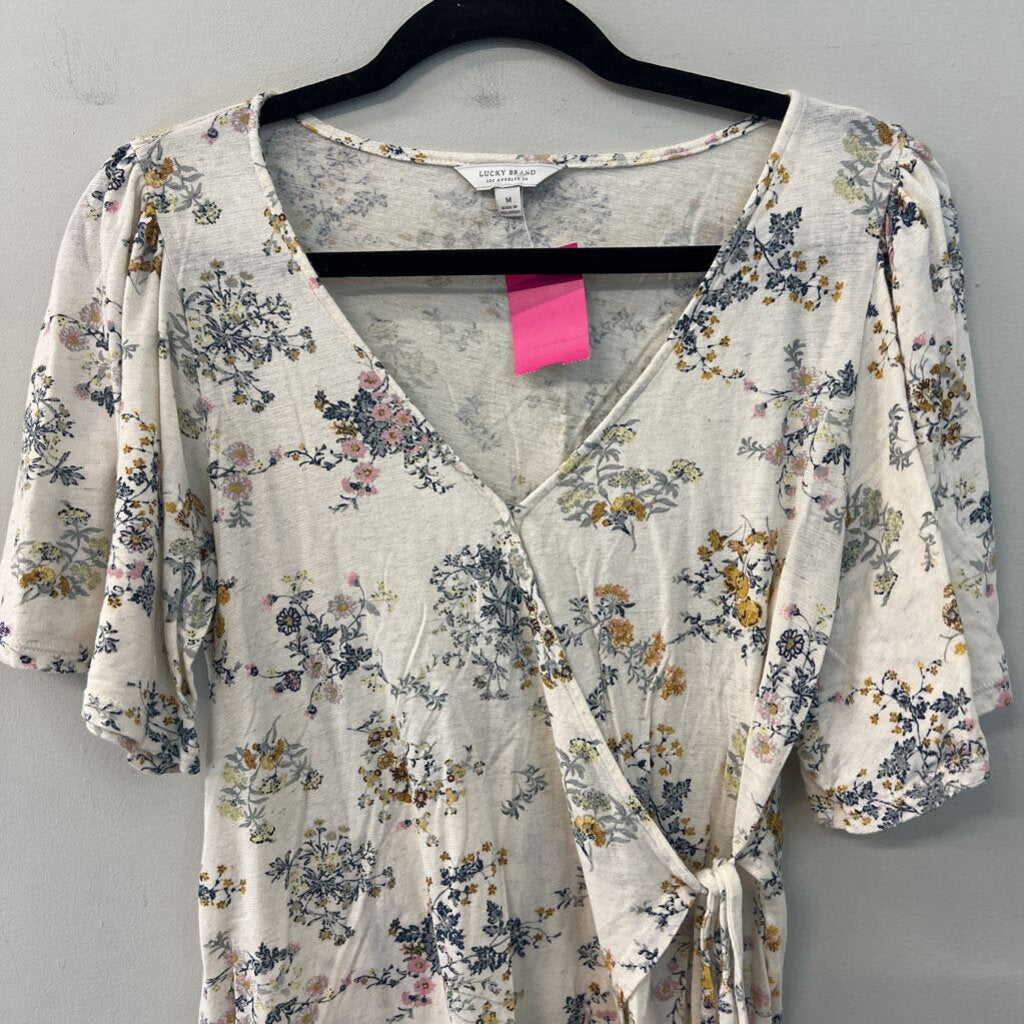 Lucky Brand White/ Multi Flower Print Short Sleeve Wrap Top Medium