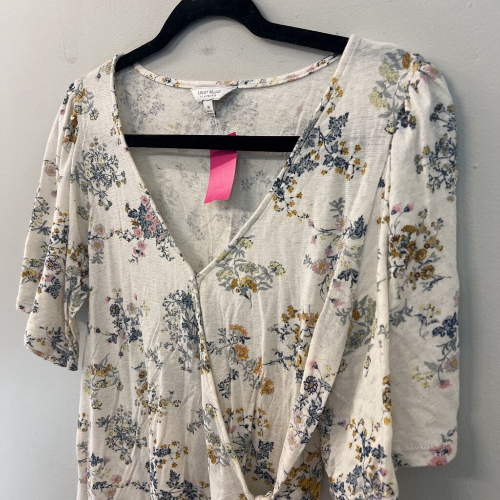Lucky Brand White/ Multi Flower Print Short Sleeve Wrap Top Medium