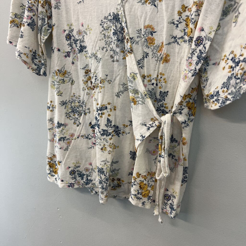 Lucky Brand White/ Multi Flower Print Short Sleeve Wrap Top Medium