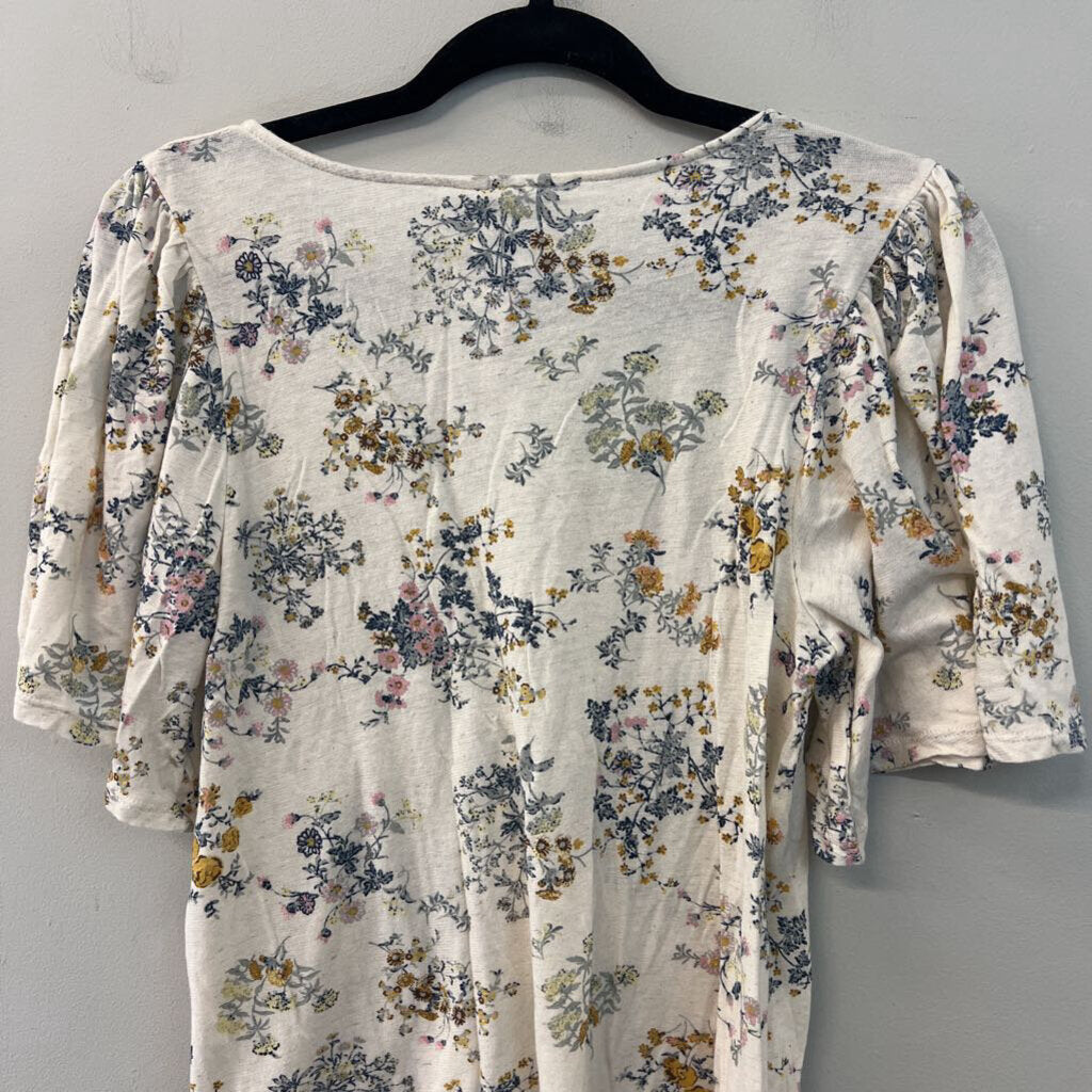 Lucky Brand White/ Multi Flower Print Short Sleeve Wrap Top Medium