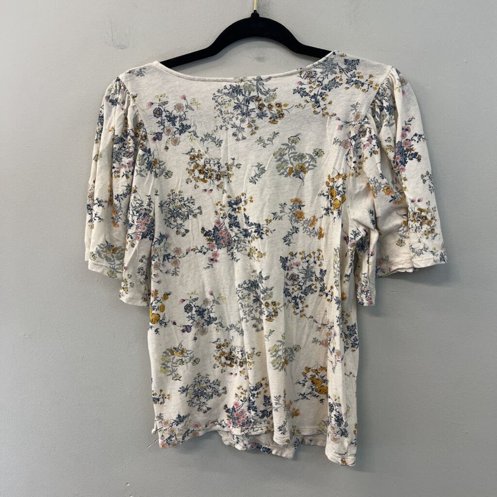 Lucky Brand White/ Multi Flower Print Short Sleeve Wrap Top Medium