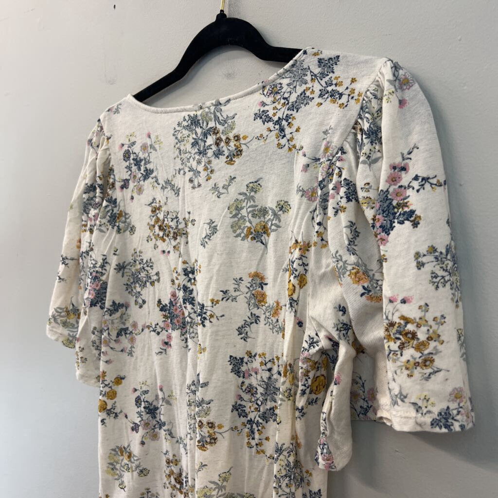 Lucky Brand White/ Multi Flower Print Short Sleeve Wrap Top Medium