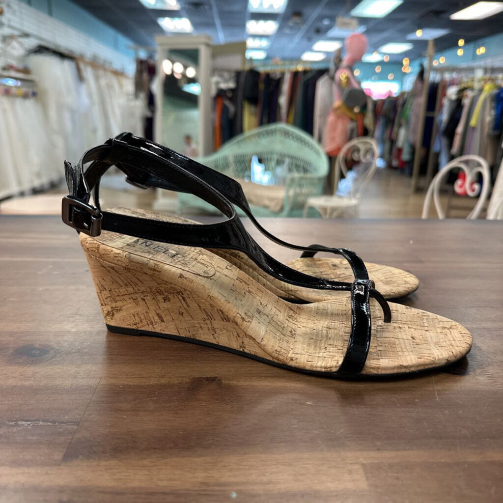 Vaneli Black Patent Leather Cork Wedges 9