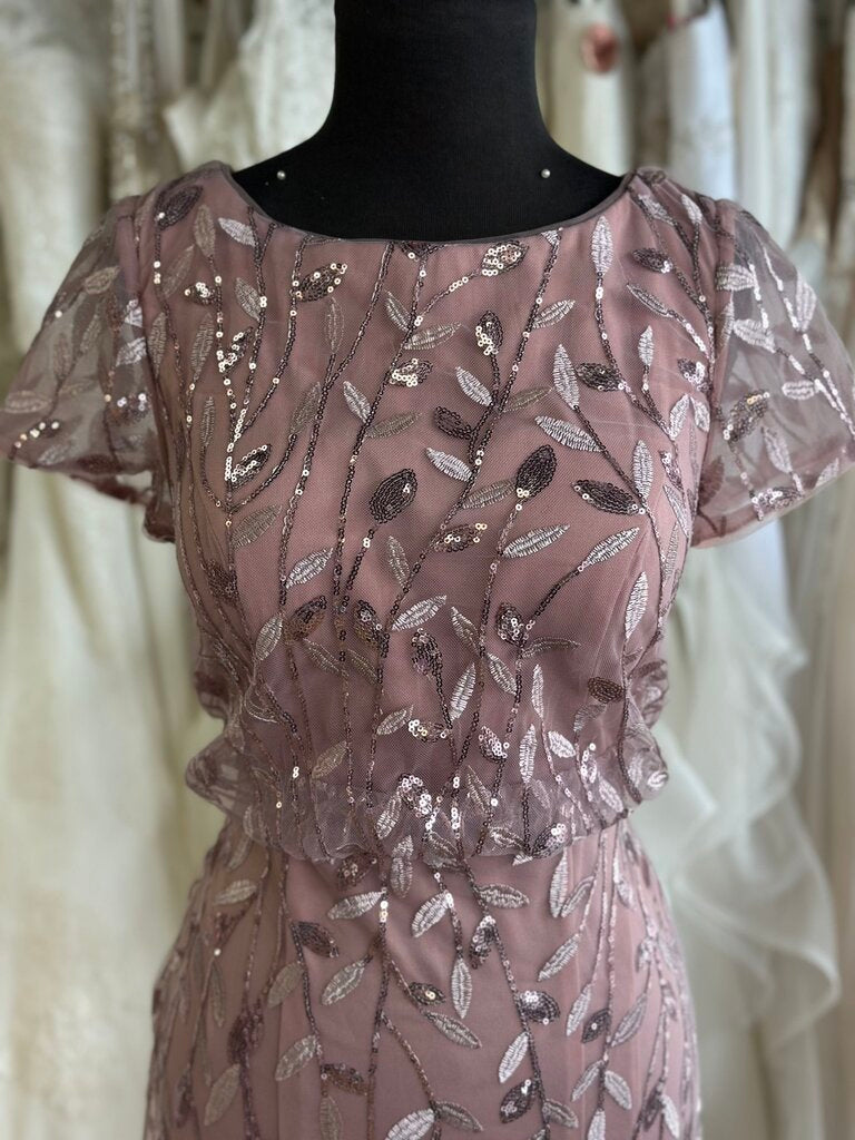 Azazie Pink Sequin Embroidered Detail Short Sleeve Long Formal Dress Medium