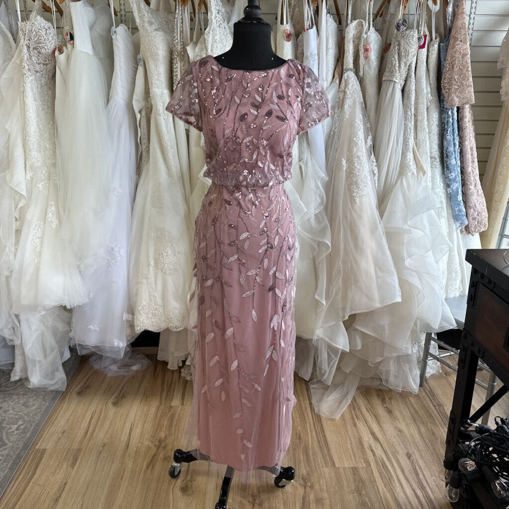Azazie Pink Sequin Embroidered Detail Short Sleeve Long Formal Dress Medium
