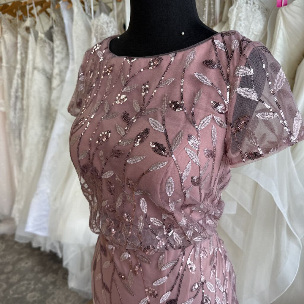 Azazie Pink Sequin Embroidered Detail Short Sleeve Long Formal Dress Medium