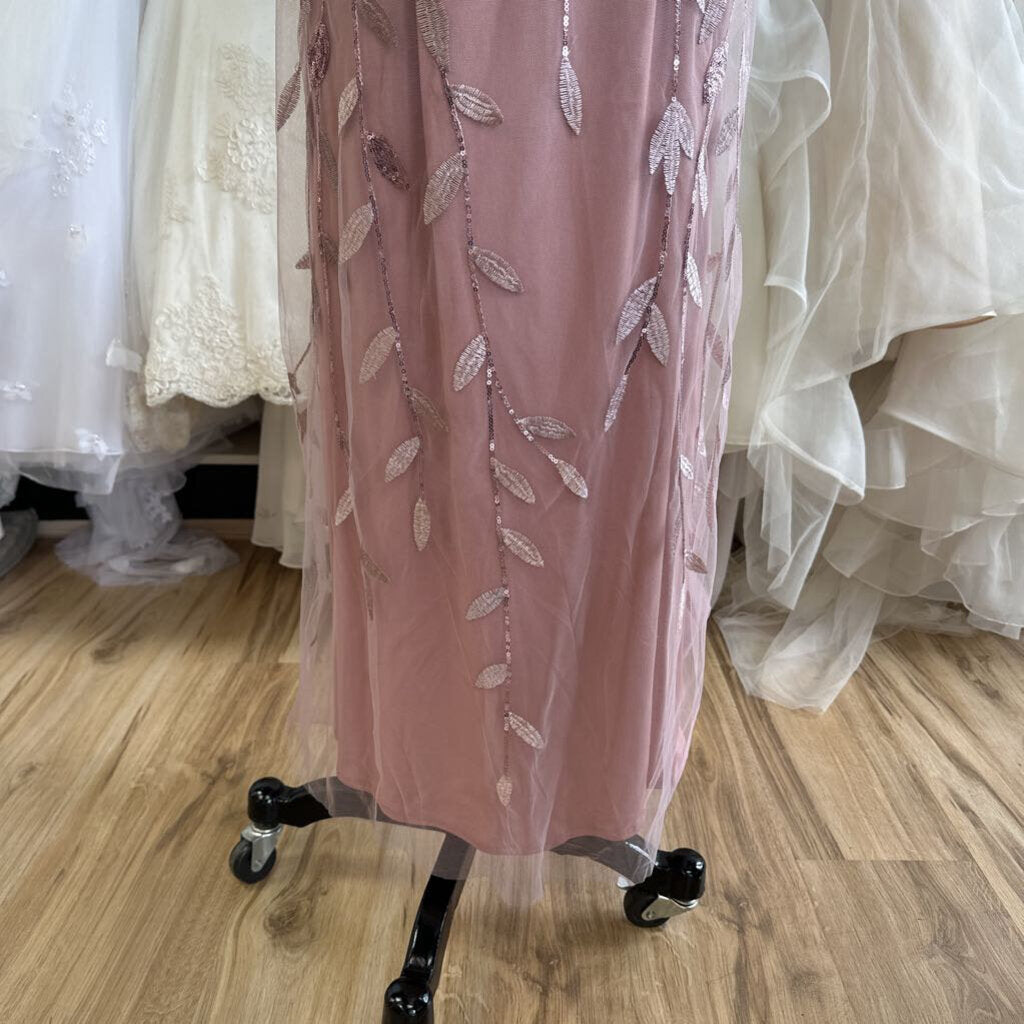 Azazie Pink Sequin Embroidered Detail Short Sleeve Long Formal Dress Medium