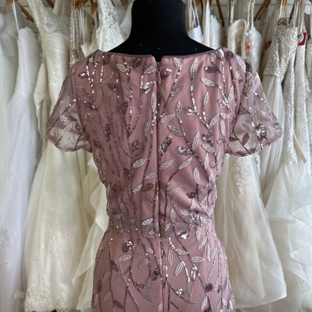 Azazie Pink Sequin Embroidered Detail Short Sleeve Long Formal Dress Medium