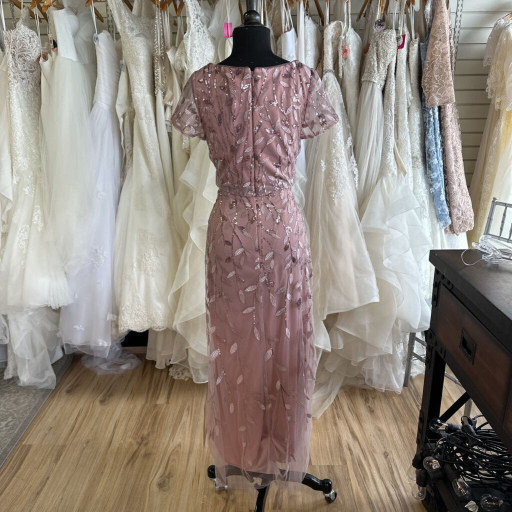 Azazie Pink Sequin Embroidered Detail Short Sleeve Long Formal Dress Medium