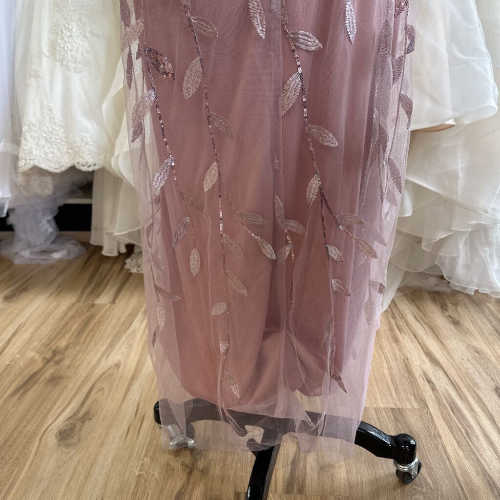 Azazie Pink Sequin Embroidered Detail Short Sleeve Long Formal Dress Medium