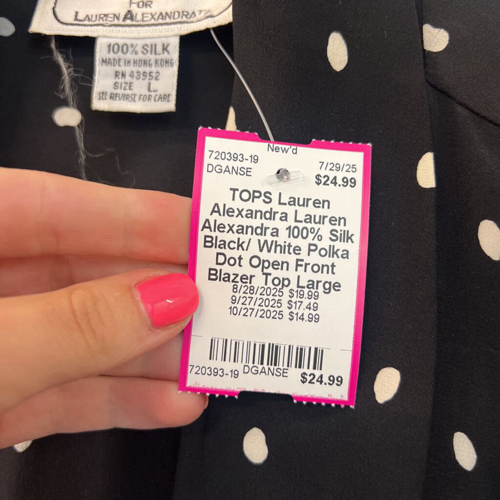 Lauren Alexandra 100% Silk Black/ White Polka Dot Open Front Blazer Top Large