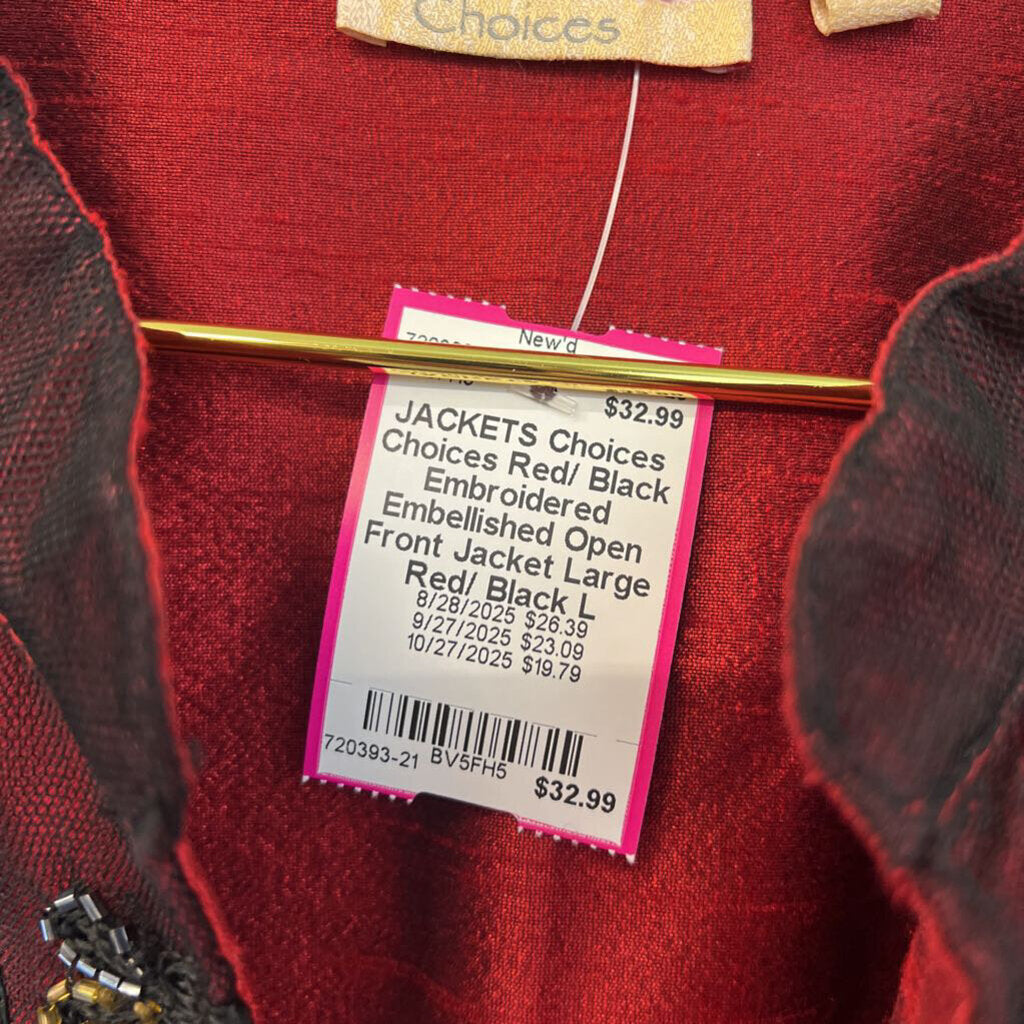 Choices Red/ Black Embroidered Embellished Open Front Jacket Large