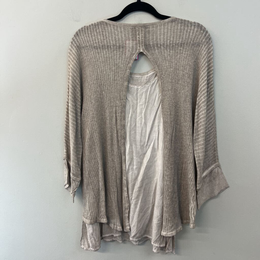 G and C Beige Ribbed Long Sleeve Open Back Layered Top Large