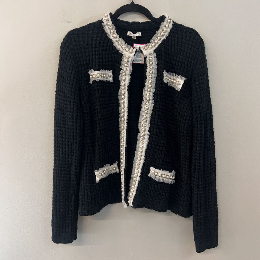 Adore Black Knit Pearl Embellished Edge Open Front Sweater Extra Large
