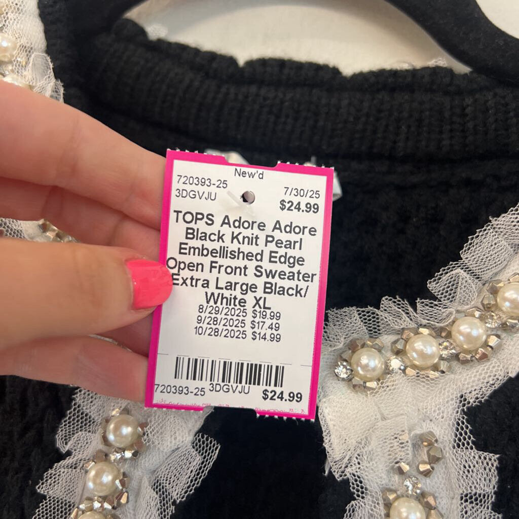 Adore Black Knit Pearl Embellished Edge Open Front Sweater Extra Large