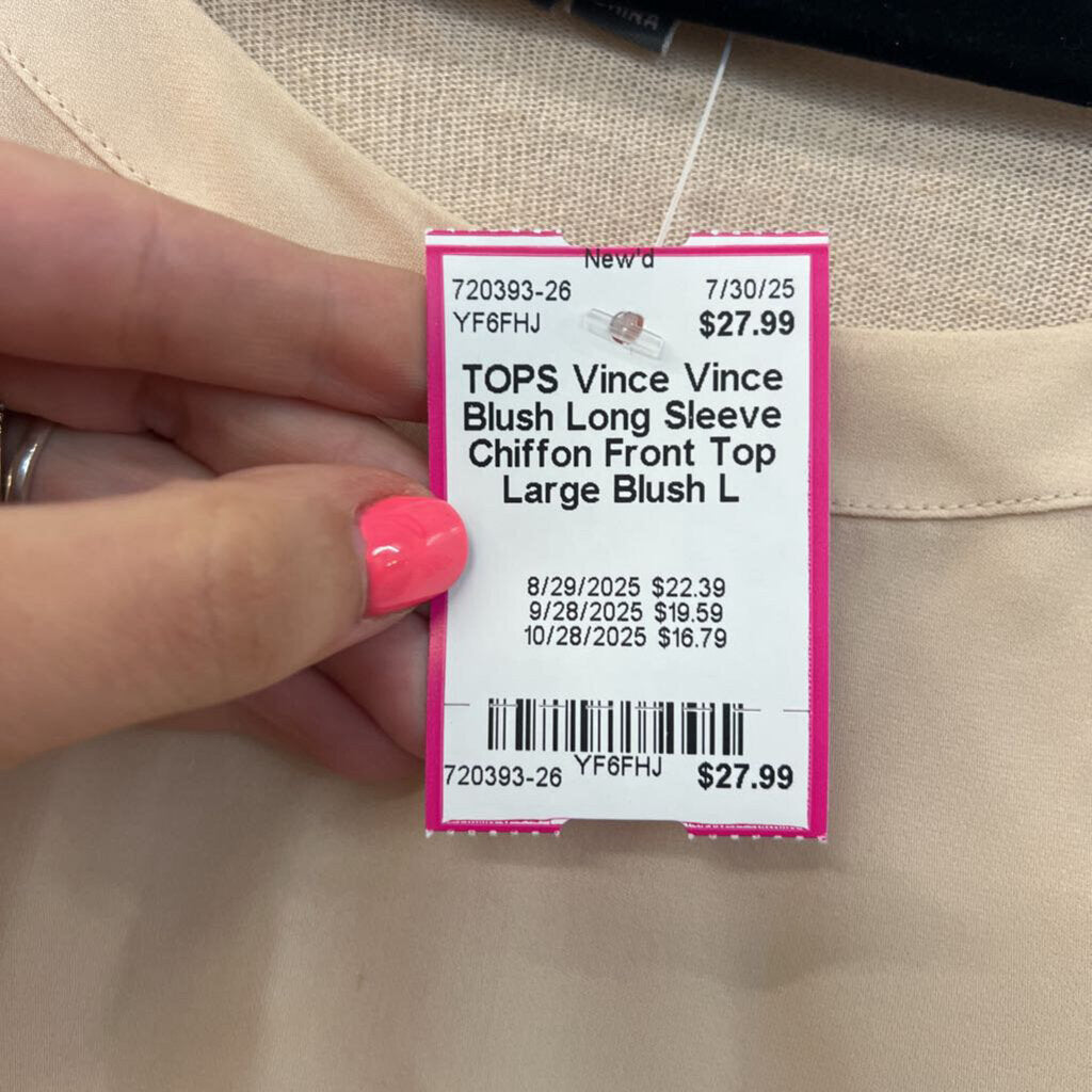 Vince Blush Long Sleeve Chiffon Front Top Large