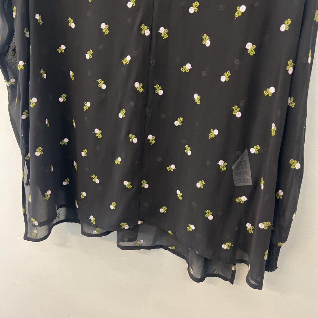 Black/ Multi Sheer Embroidered Flower Long Sleeve Top Large