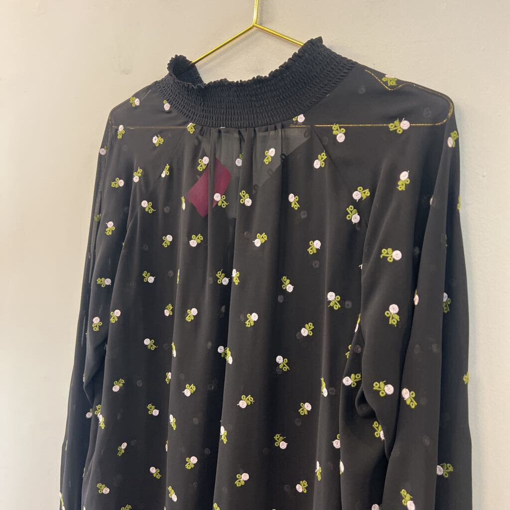 Black/ Multi Sheer Embroidered Flower Long Sleeve Top Large