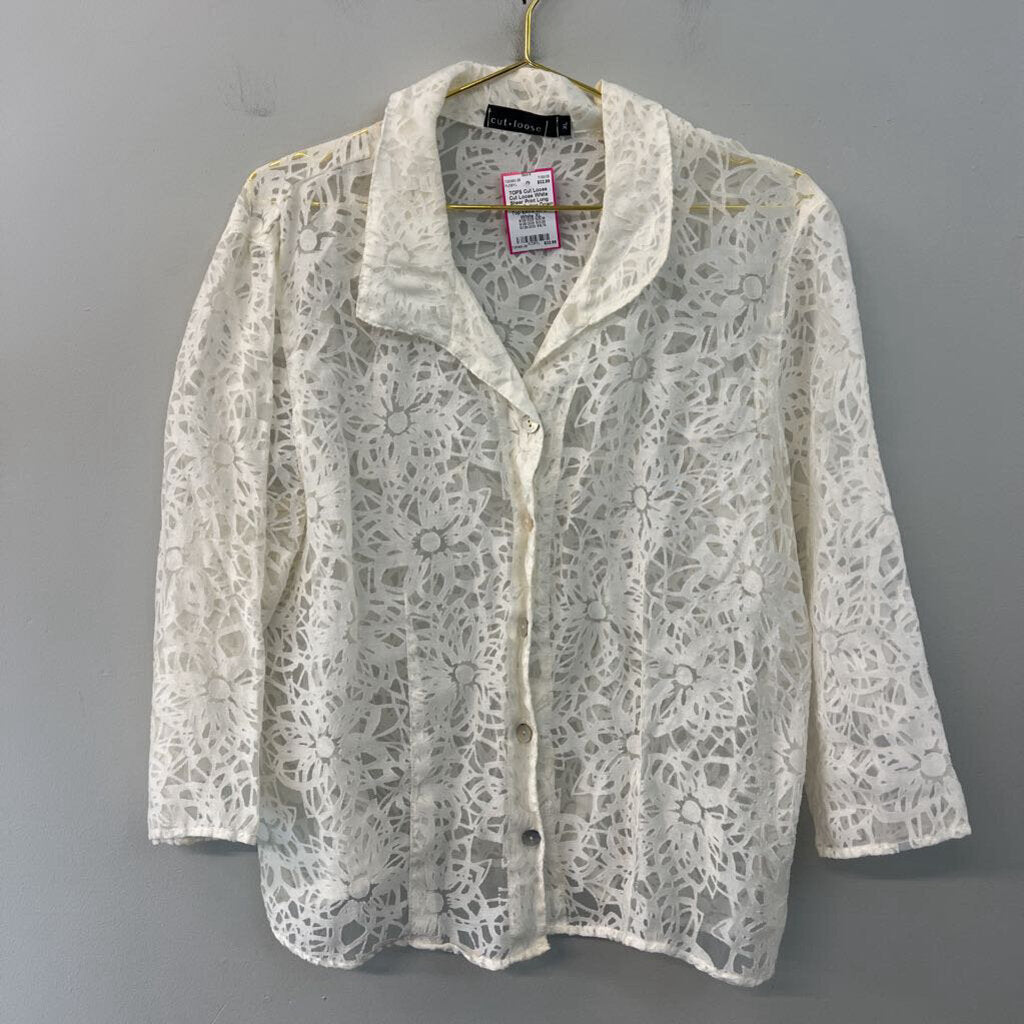 Cut Loose White Sheer Print Long Sleeve Button Down Top Extra Large